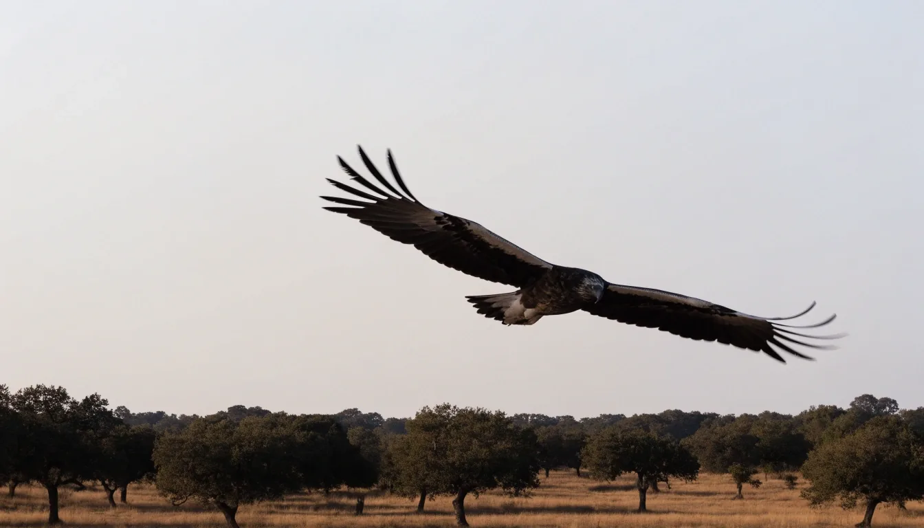 Águila imperial ibérica en vuelo sobre una dehesa con encinas dispersas