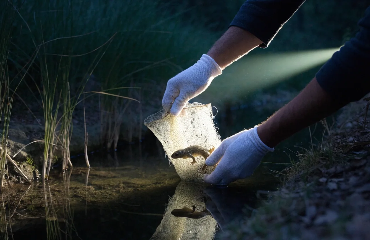 Bióloga de campo examinando una charca temporal mediterránea al anochecer con luz frontal fría