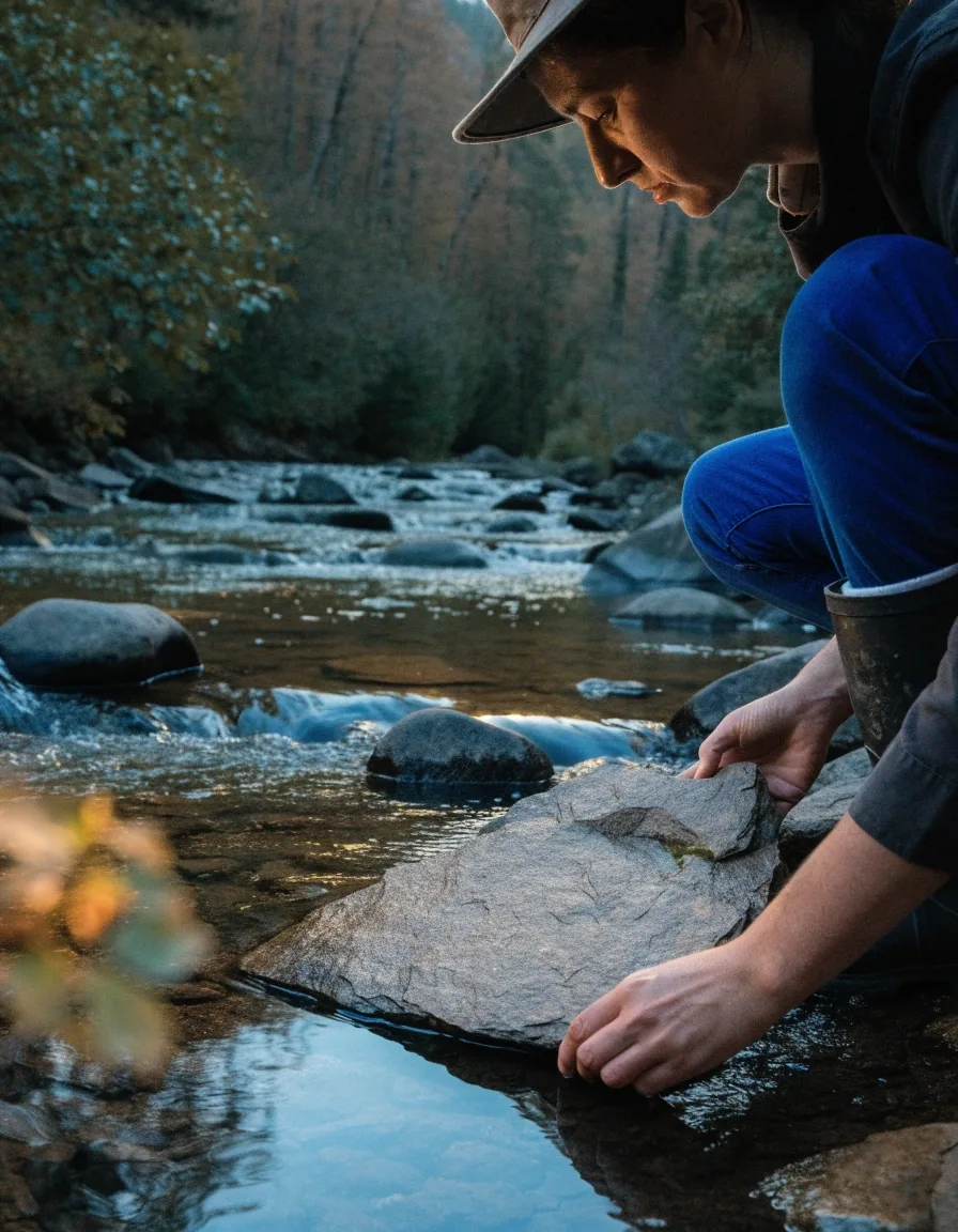 Detalle de un arroyo de montaña frío con agua corriendo sobre pizarra oscura al anochecer