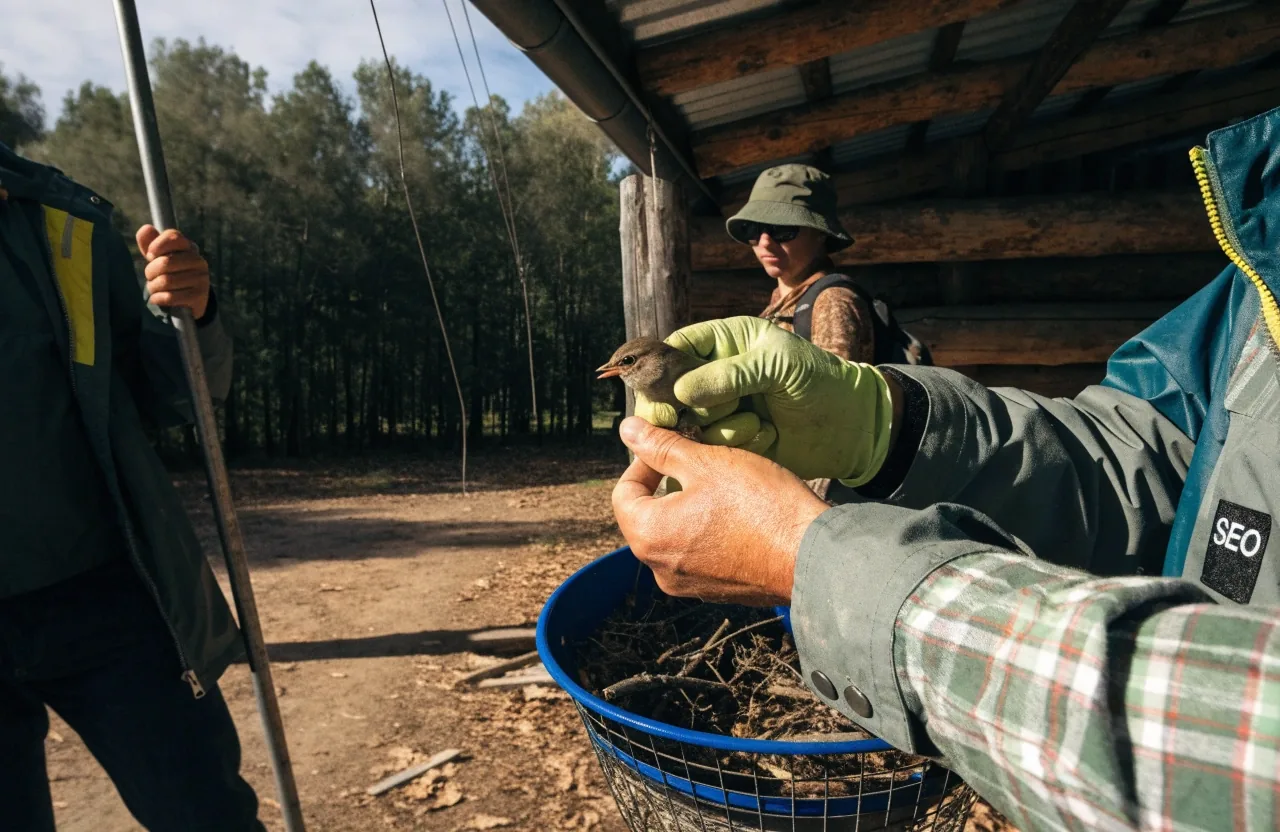 Manos preparando material de anillamiento sobre una mesa de trabajo en un centro de conservación