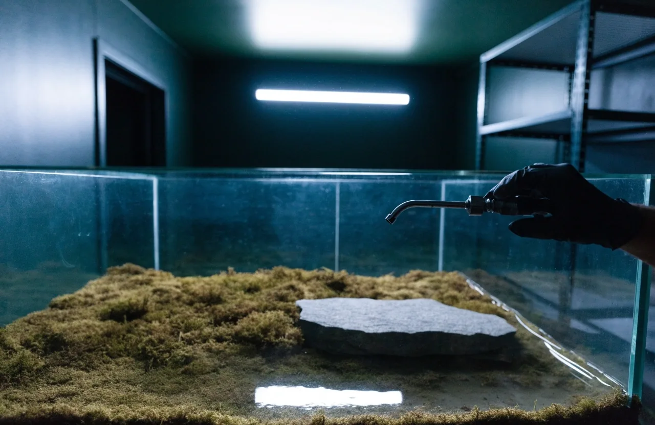 Instalación de conservación de anfibios ibéricos con terrario húmedo y mano enguantada ajustando el riego