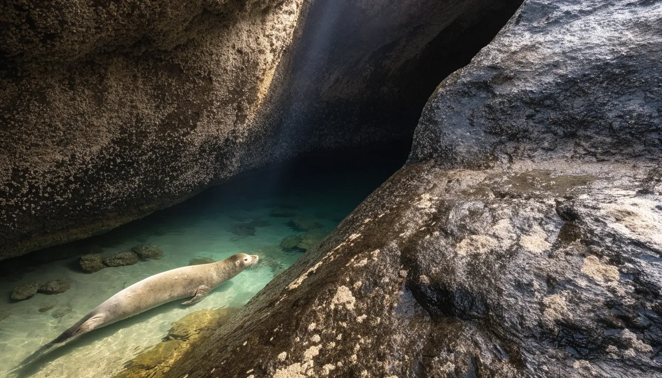 Entrada de una cueva marina del Mediterráneo en marea baja, con agua en calma en su interior