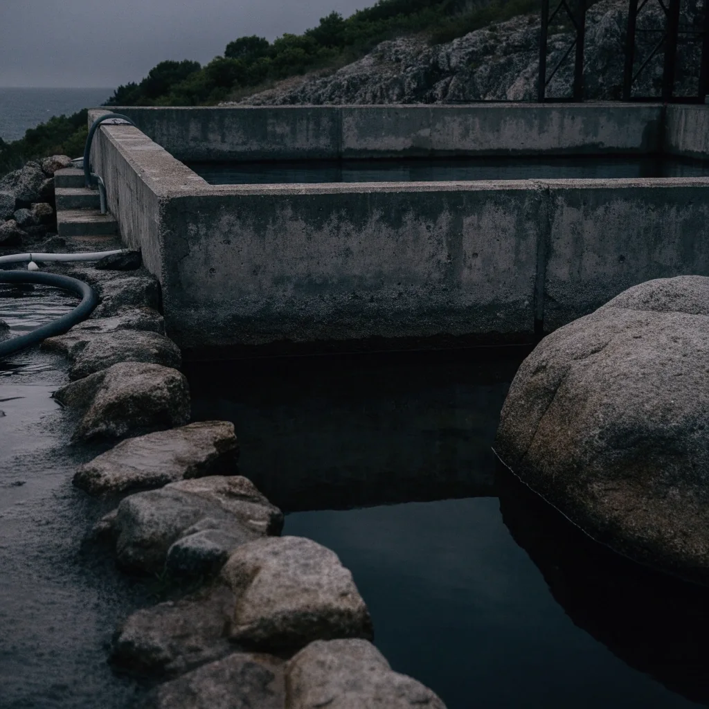 Piscinas exteriores de un centro de recuperación de fauna marina junto a la costa, con agua oscura y roca húmeda
