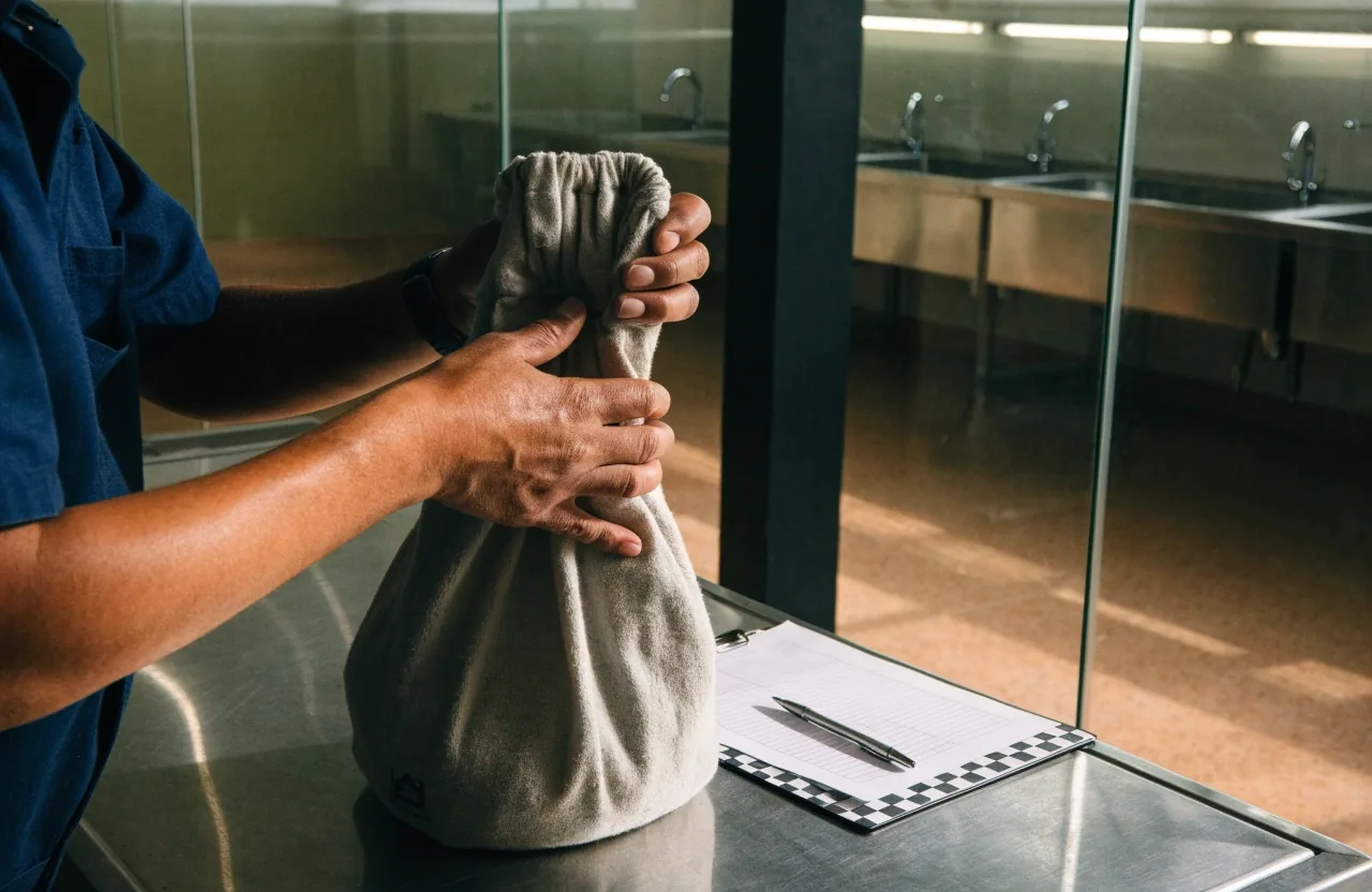 Manos de un técnico de conservación preparando material de anillamiento sobre una mesa de taller