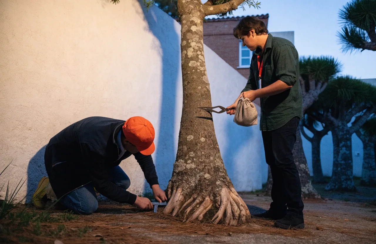 Muro pintado de un aula-taller de conservación con marcas de trabajo y cinta de anillamiento cruzando en diagonal